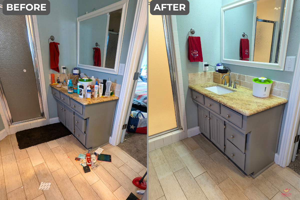 Side-by-side comparison of a bathroom mirror and vanity before and after cleaning. The "Before" side shows a cluttered countertop with toiletries, and a messy floor. The "After" side shows a tidy countertop with a small organizer, and a clean floor.