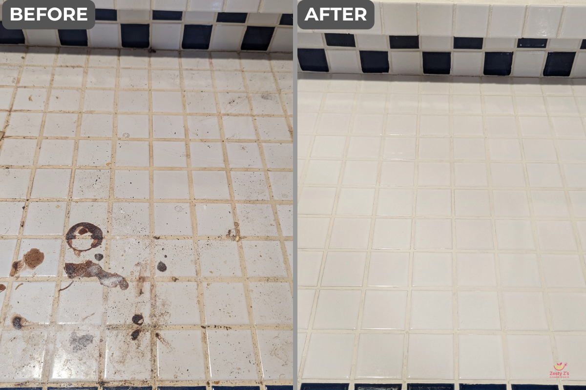 Comparison of bathroom tile floor before and after cleaning. The before side has dirty, discolored tiles with stains and grime. The after side shows clean, bright, and white tiles with grout lines refreshed.