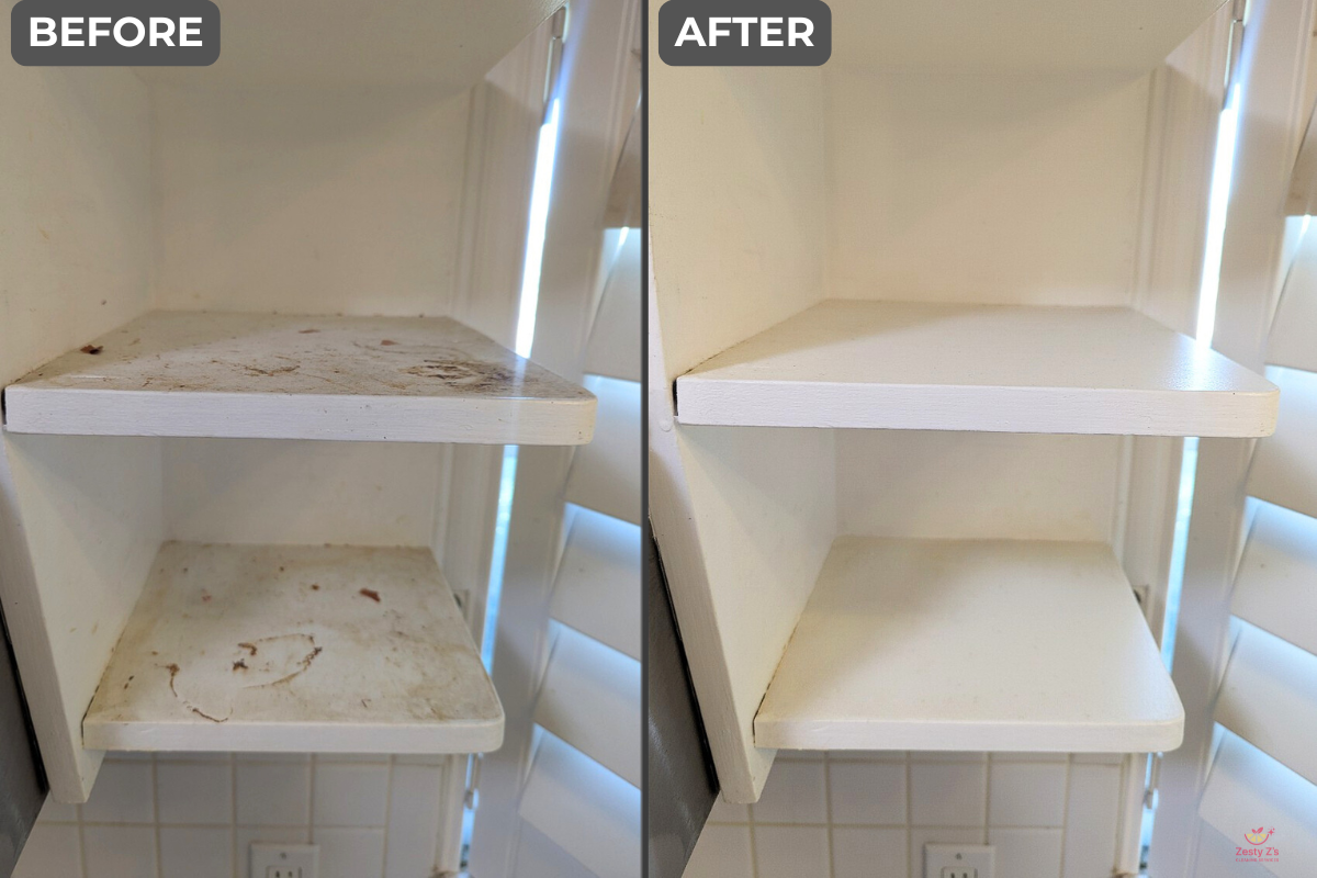 Comparison of a dirty and clean white wooden shelf in a closet, with the dirty shelf on the left and the cleaned shelf on the right.