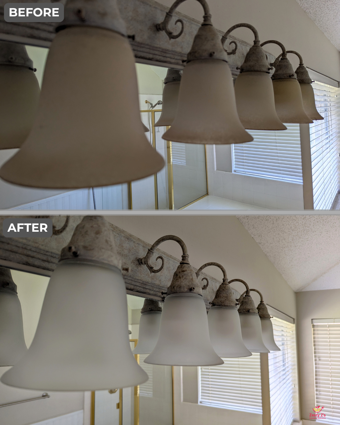 Transformation of bathroom light fixtures before and after cleaning.
The “Before” image shows dusty, dull lamp shades with visible buildup.
The “After” image reveals smooth, bright, and spotless shades, with all dust and residue removed — restoring a