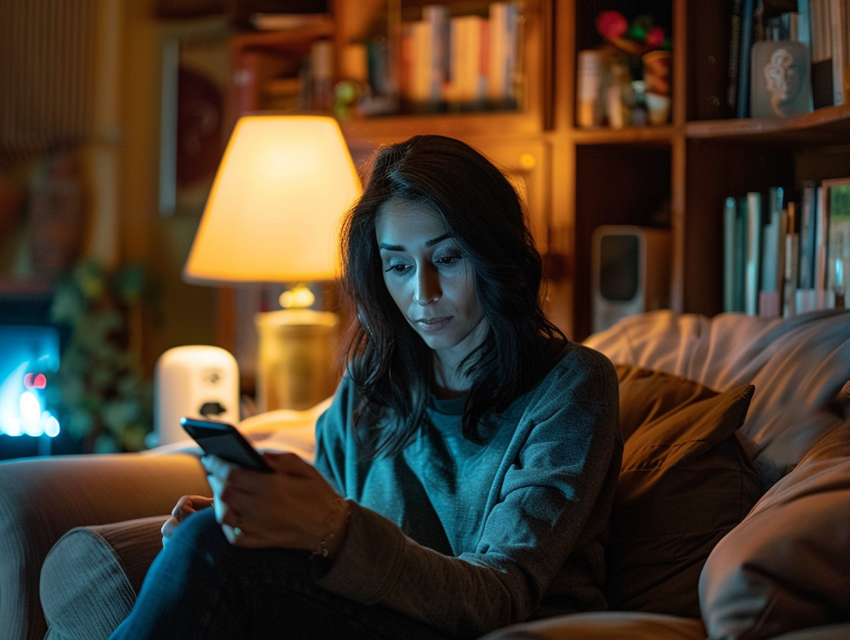 A woman sitting on a couch in a cozy, dimly lit living room, looking at her phone with a neutral expression. There is a lamp and bookshelf in the background.
