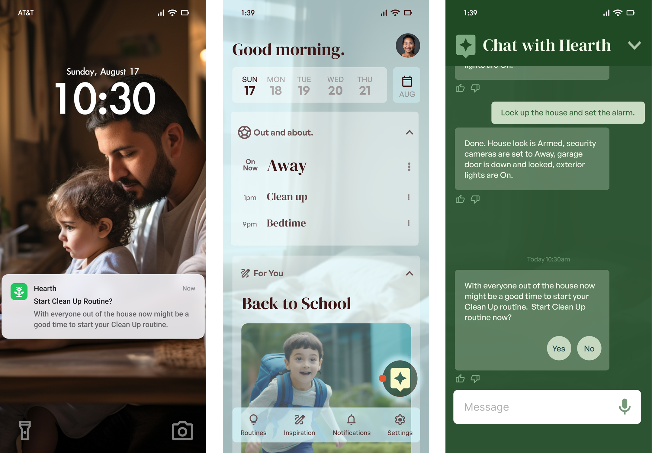 Screenshots of a smartphone home screen, calendar, and messaging app, featuring a family and back-to-school theme.