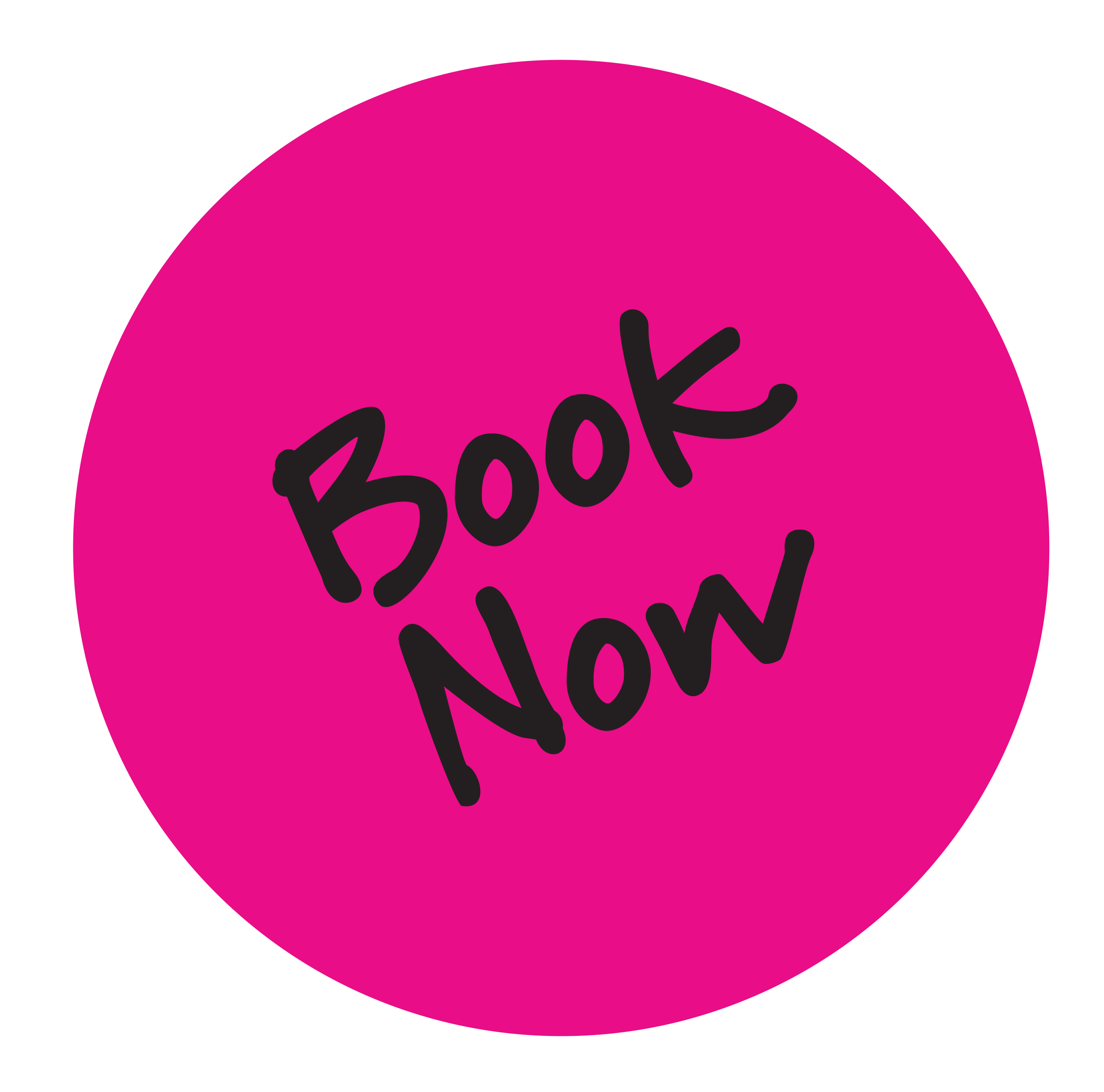 Pink circle with the words 'Book Now' written in black handwritten style font.