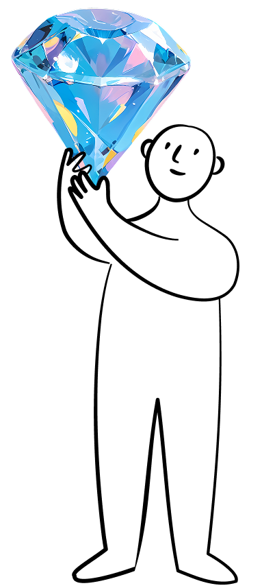 A sparkling, multicolored diamond-shaped gemstone with reflections of pink, blue, yellow, and purple on a light blue background.