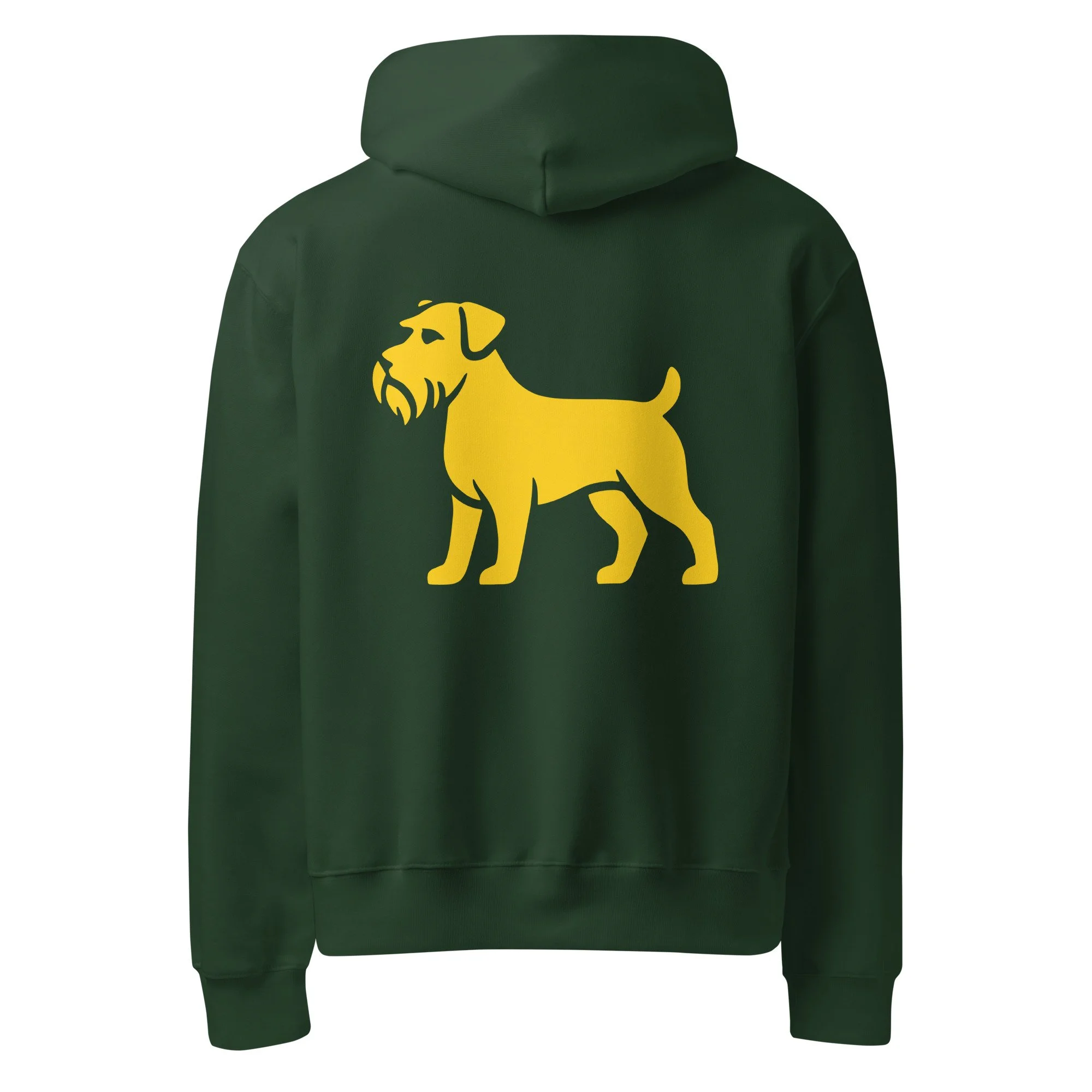 Green hoodie with a large yellow dog graphic on the back.
