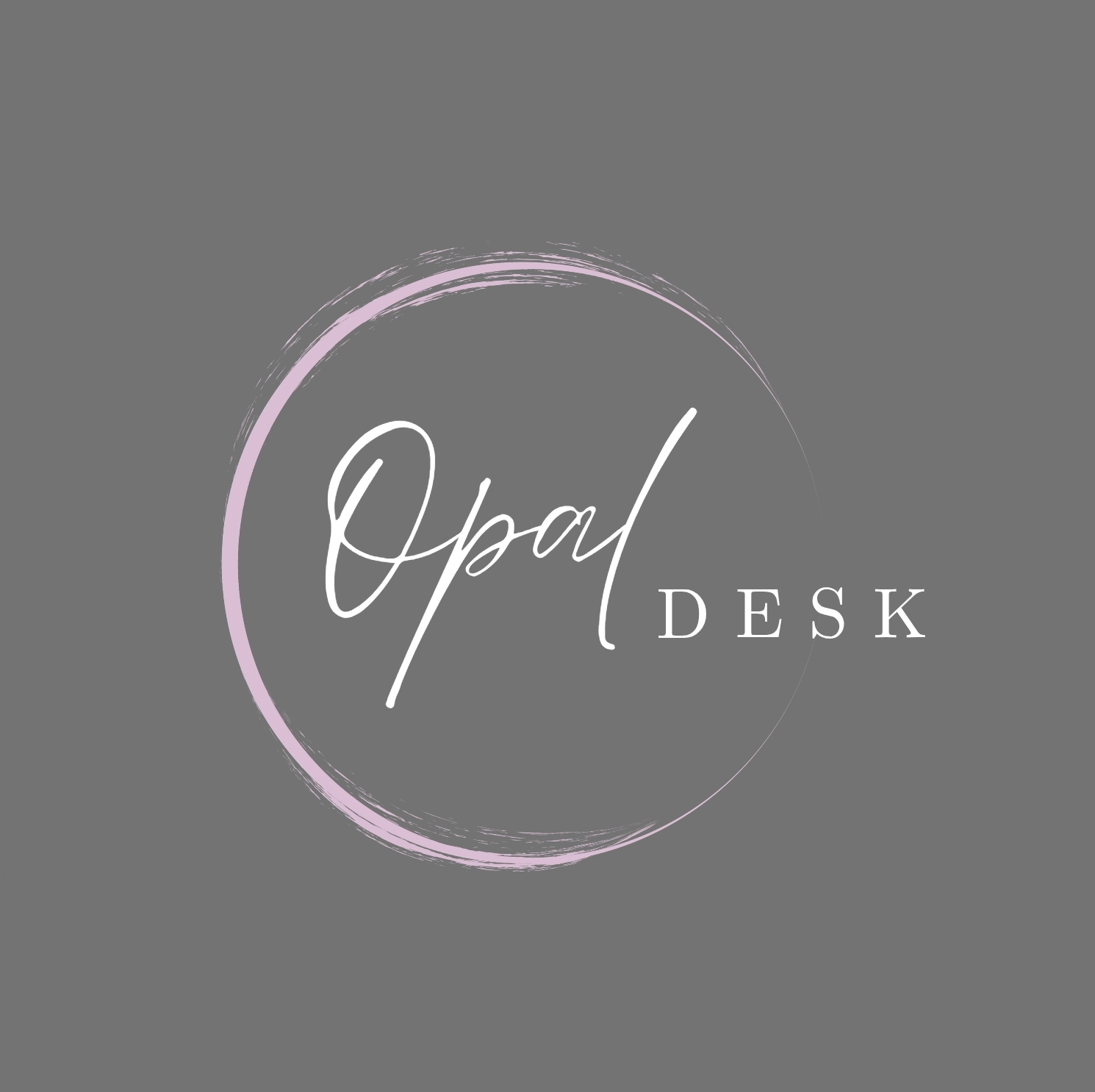 Graphic design with the words 'Opal Desk' inside a circular brushstroke, on a gray background.