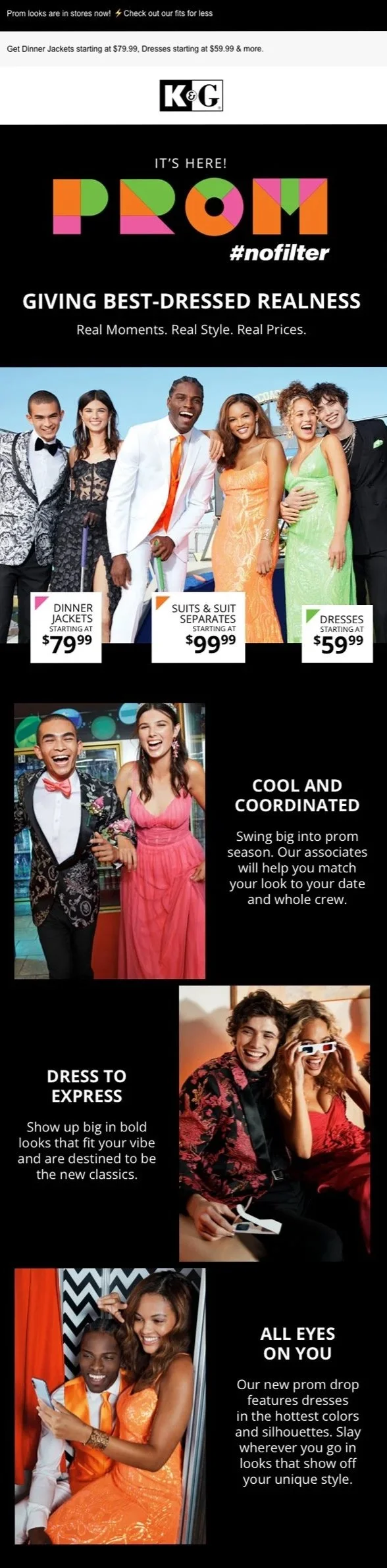 Advertisement for prom attire with images of young people dressed for prom, showcasing different styles of prom dresses, suits, and tuxedos at various prices.
