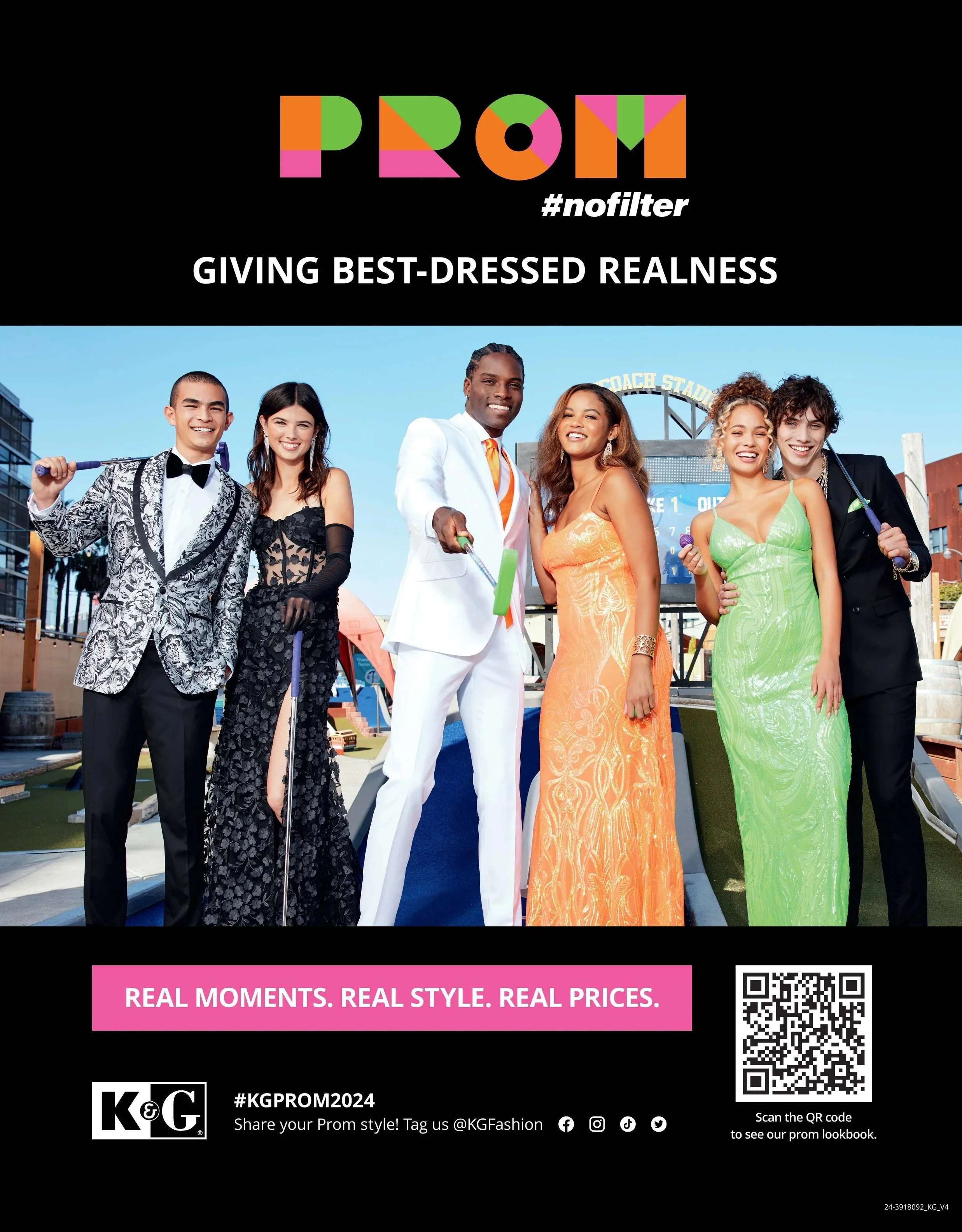 Group of six young adults dressed in formal prom attire, standing outside in front of a goalpost, smiling for the camera.