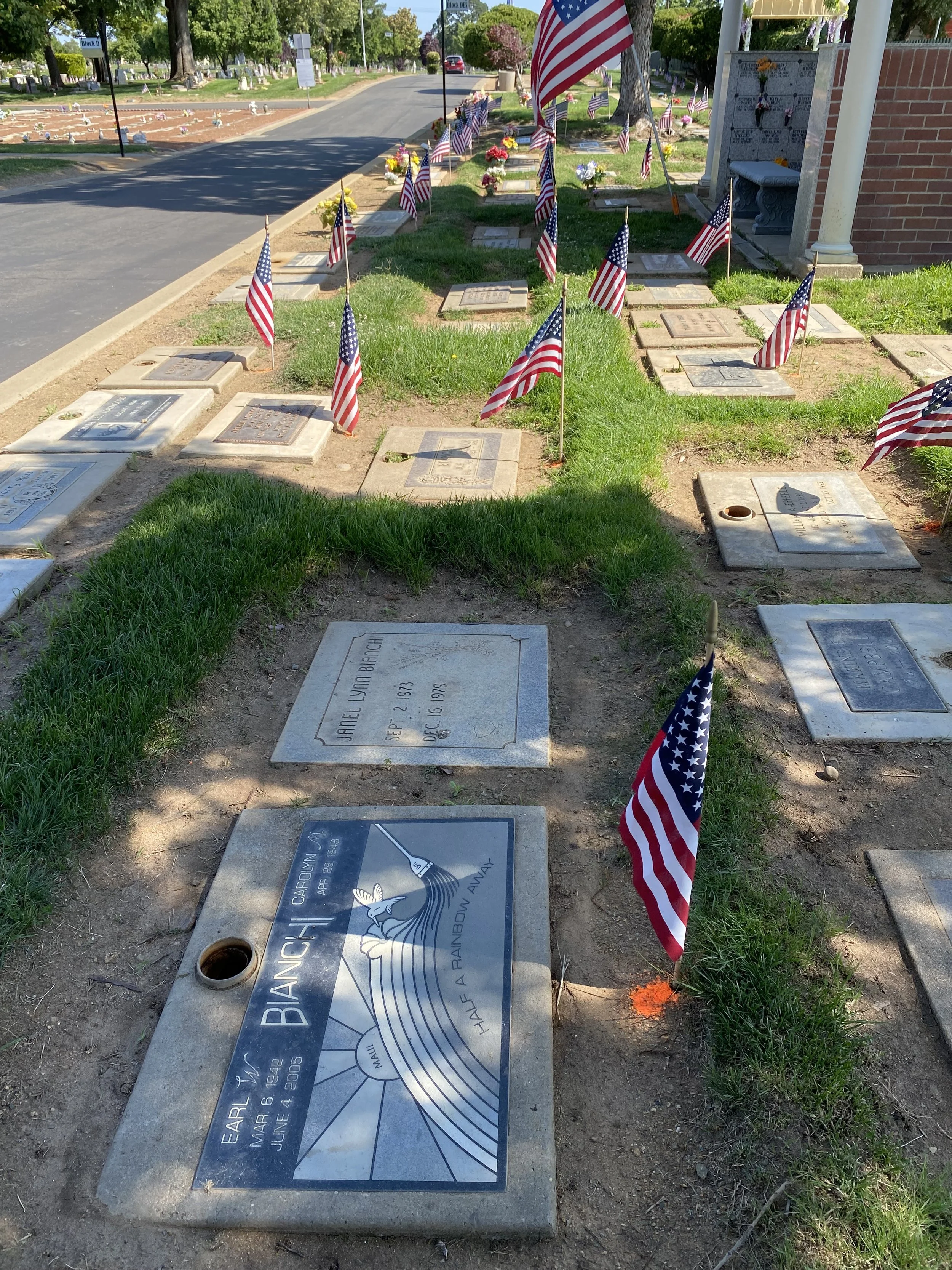 Gravestones in a cemetery decorated with multiple small American flags for Memorial Day or Veterans Day.