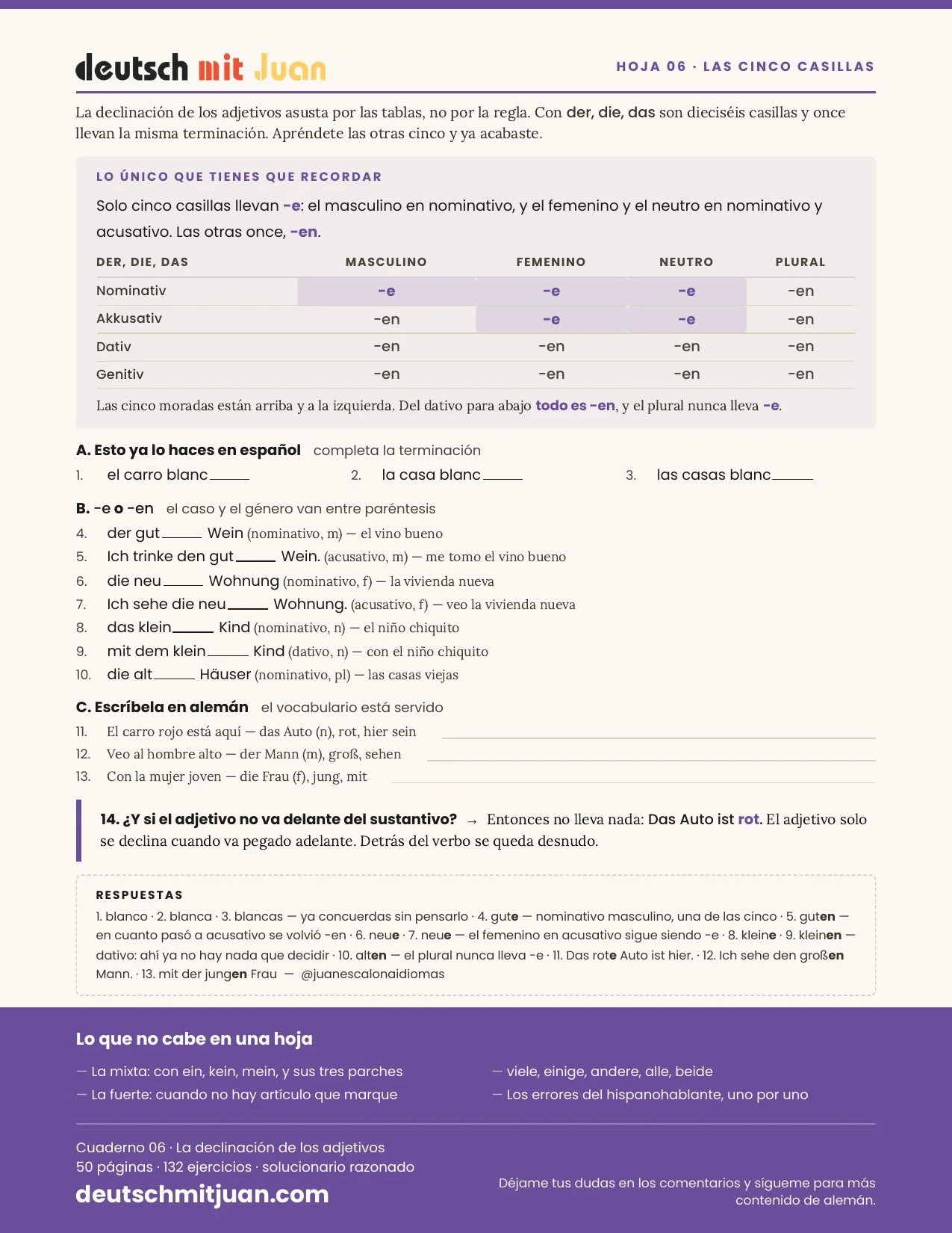 La declinación del adjetivo · Hoja gratis