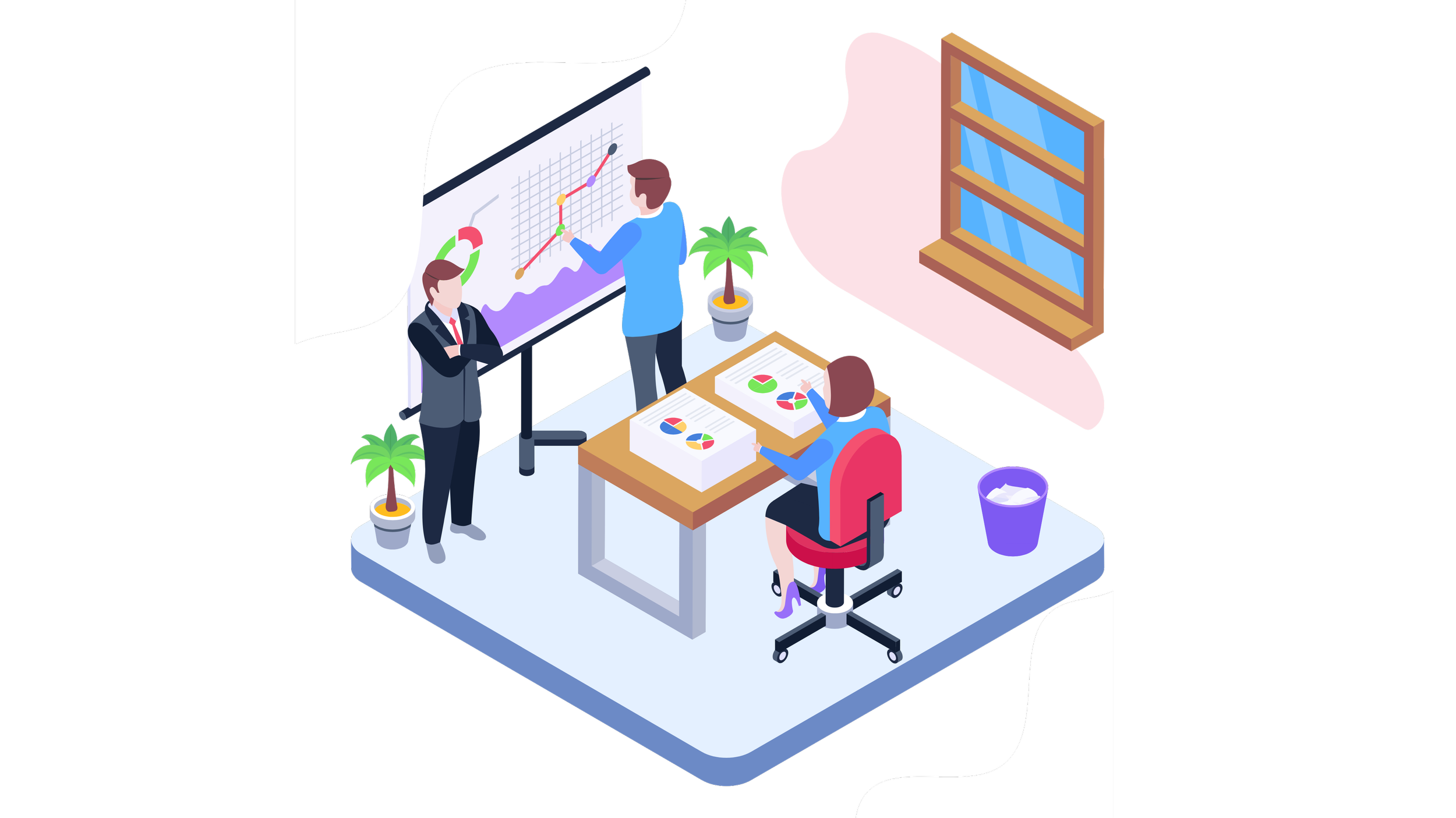 An illustration of a business meeting with three people in an office. One person is seated at a desk with charts, another is standing in front of a presentation screen with graphs, and a third is standing near the screen. The office has plants, a window, and a bucket.
