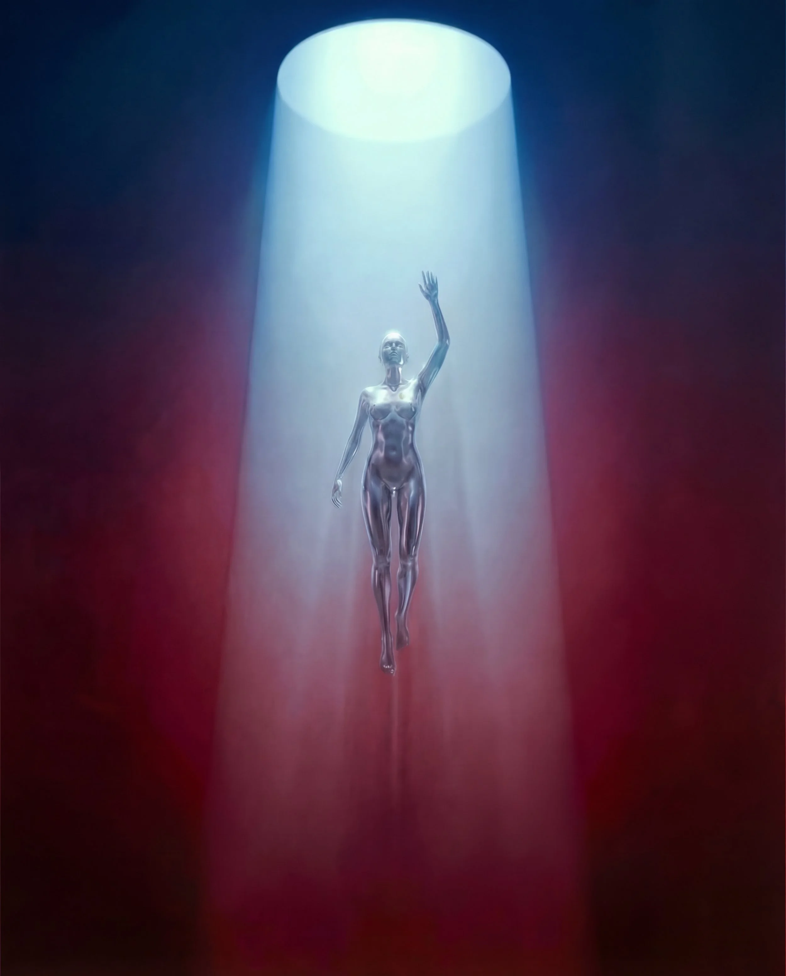 A metallic female humanoid figure with an outstretched arm waving, illuminated by a circular blue light from above, surrounded by a red and blue gradient background.