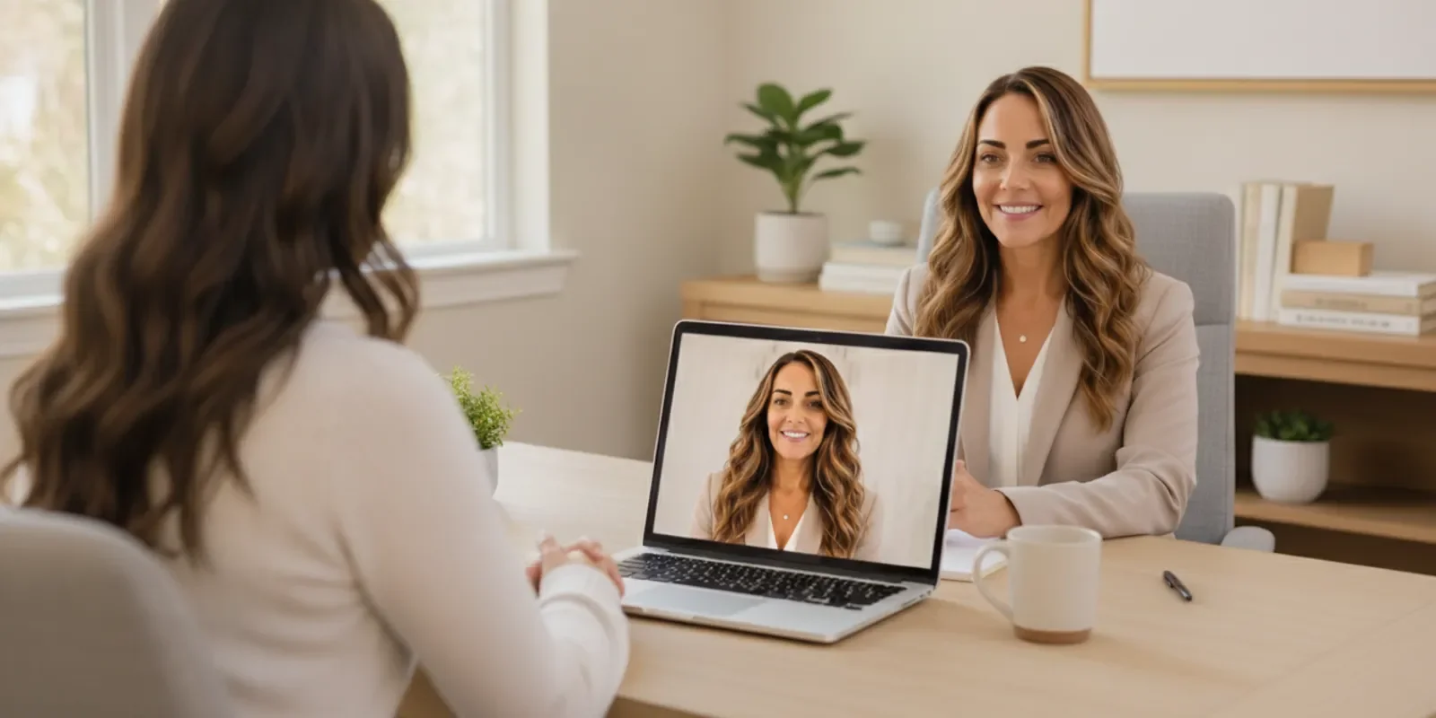 A therapist and adult client speaking together in a calm, private therapy room