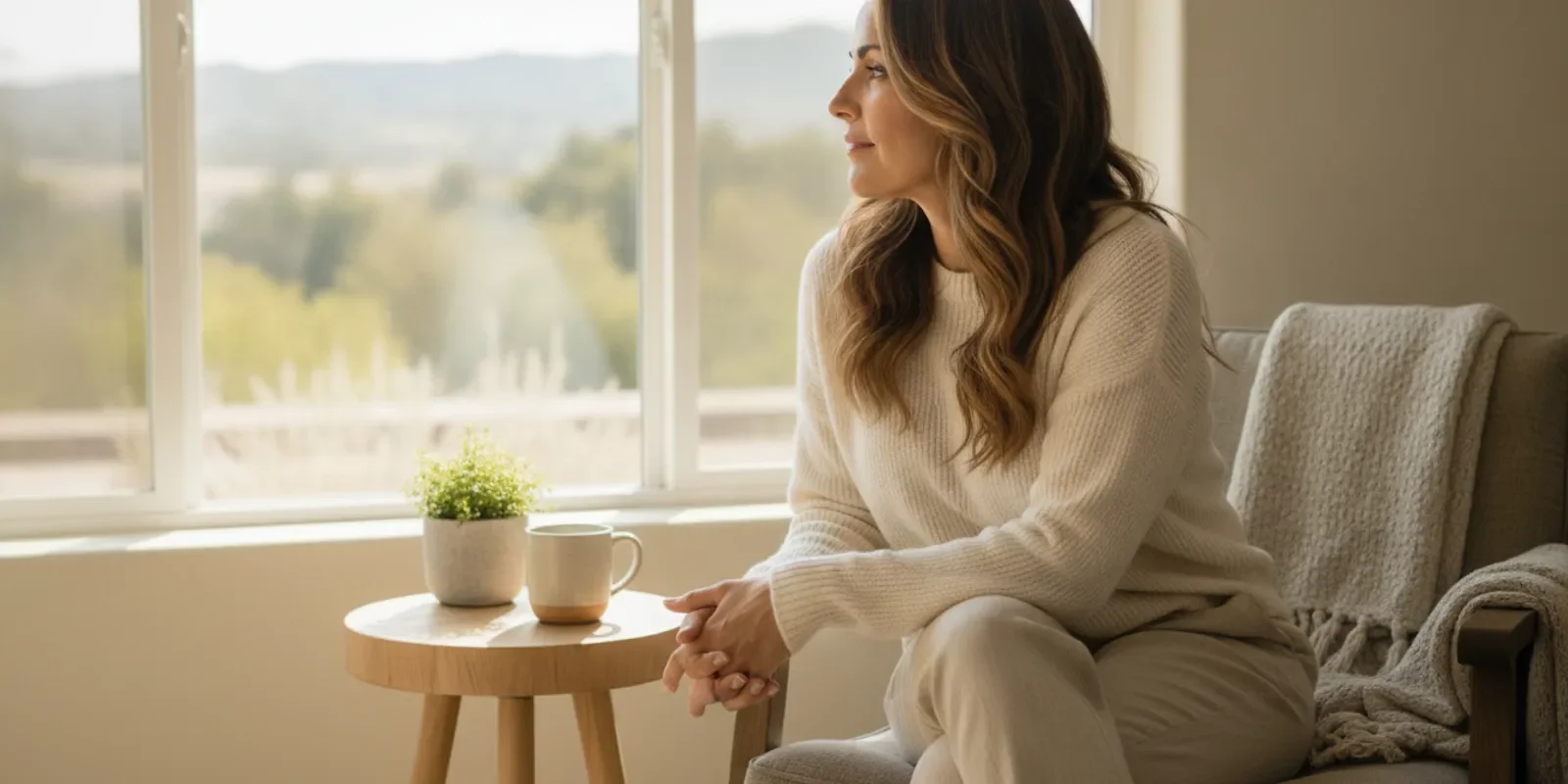 A calm adult sitting near a window and reflecting in a softly lit room