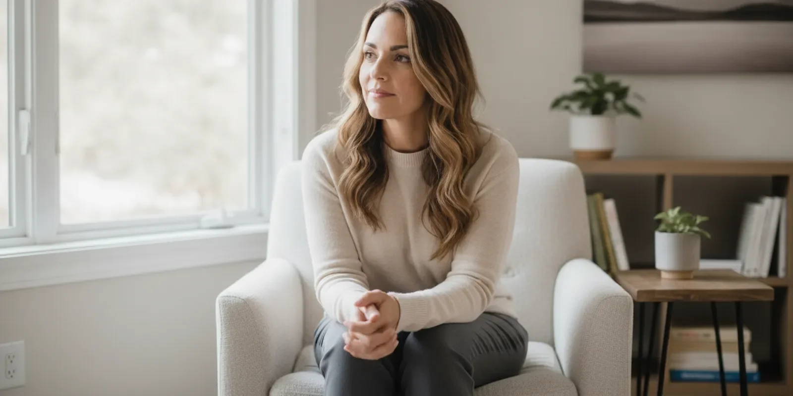 Adult sitting quietly by a window and grounding in a calm room