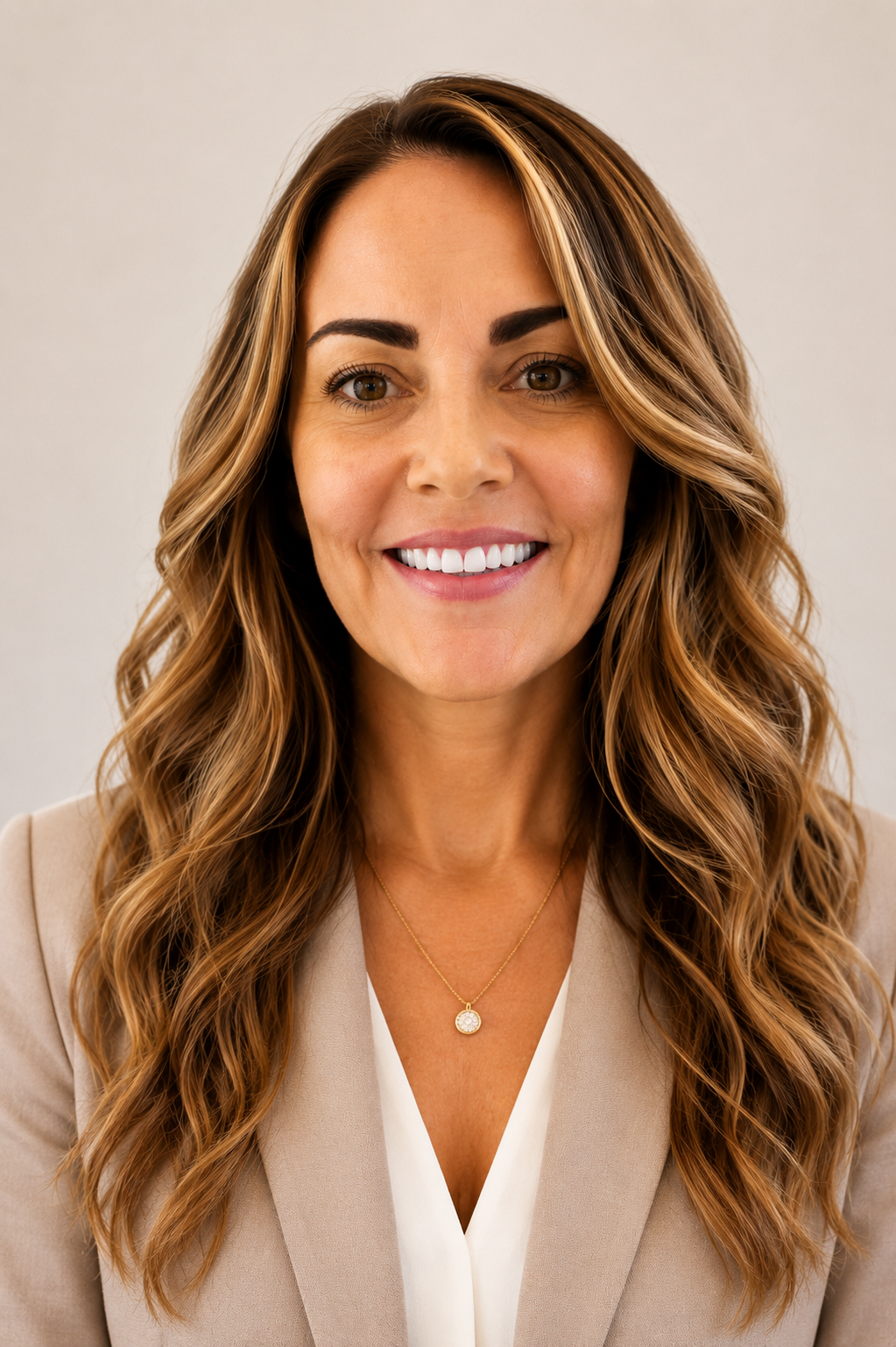 A woman with long, wavy light brown hair, smiling, wearing a beige blazer and a white top, with a small gold necklace with a round pendant, against a plain, light gray background.