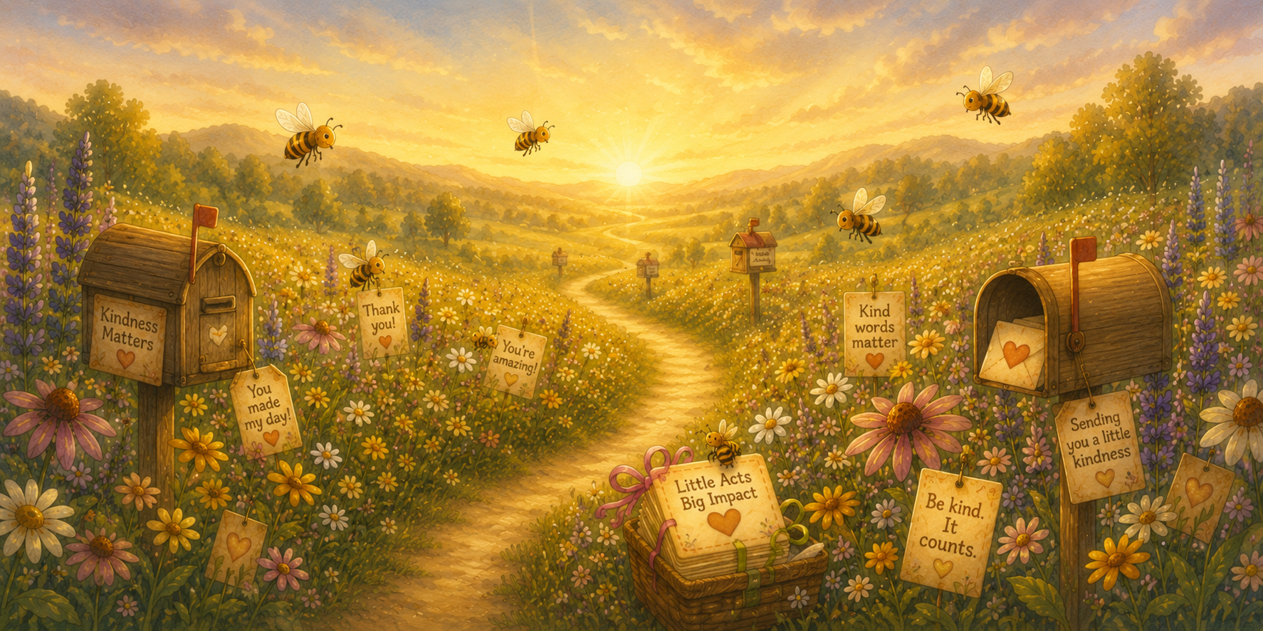 Golden sunrise meadows with honeybees, wildflowers, kindness cards, and mailboxes along a winding path, representing small acts of kindness, gratitude, friendship, and meaningful human connection.