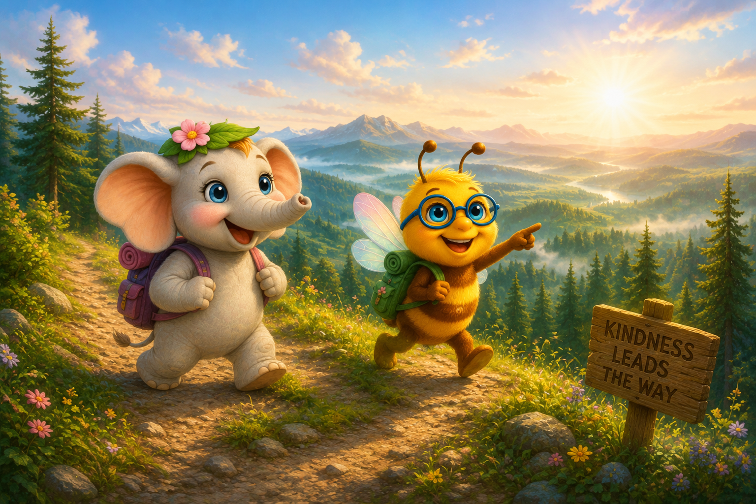 Ella Elephant and Beeian Bee happily climbing a mountain trail together with backpacks as golden sunlight shines over the pine forests of Whimsywood.