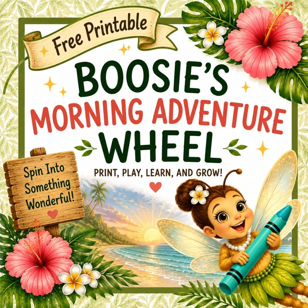 Boosie’s Morning Adventure Wheel free printable for kids featuring Boosie Bee in a cheerful Wake Up, Whimsywood morning scene.