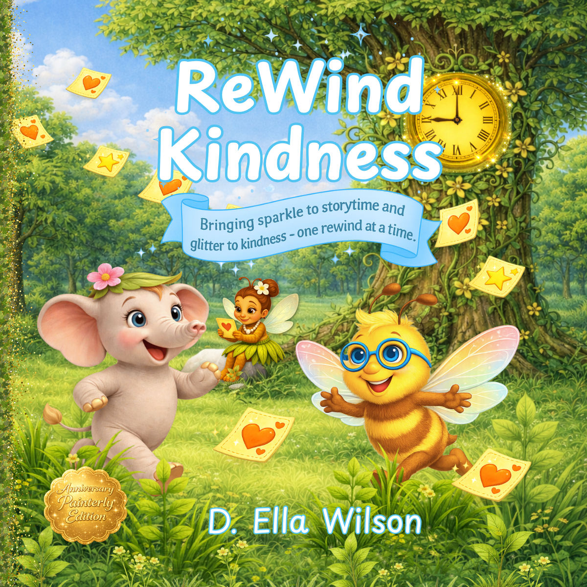 ReWind Kindness storybook cover with Beeian, elephant, and friends.