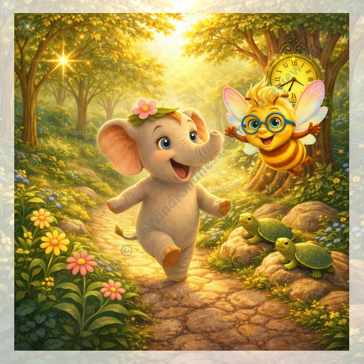 ReWind Kindness — Page 1: Ella Elephant and Beeian Bee in Whimsywood beside the Regal Redwood; story begins.
