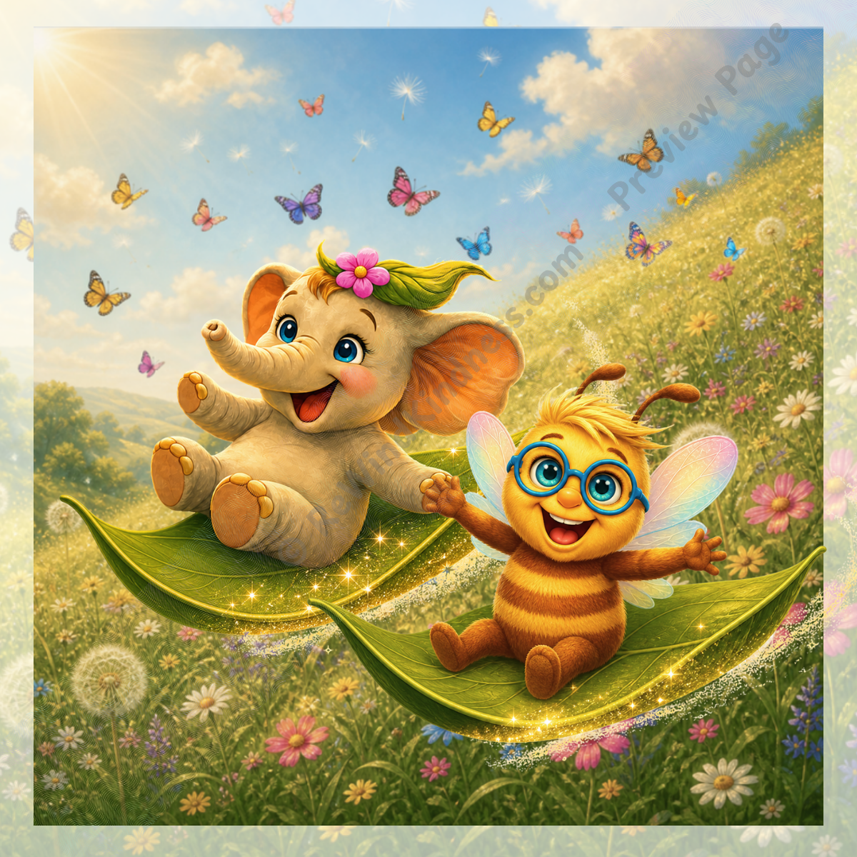 ReWind Kindness — Page 3: Joyful spread—Ella sits on a leaf, Beeian smiles with rainbow wings, butterflies float above; the friends sliding down a hillside.