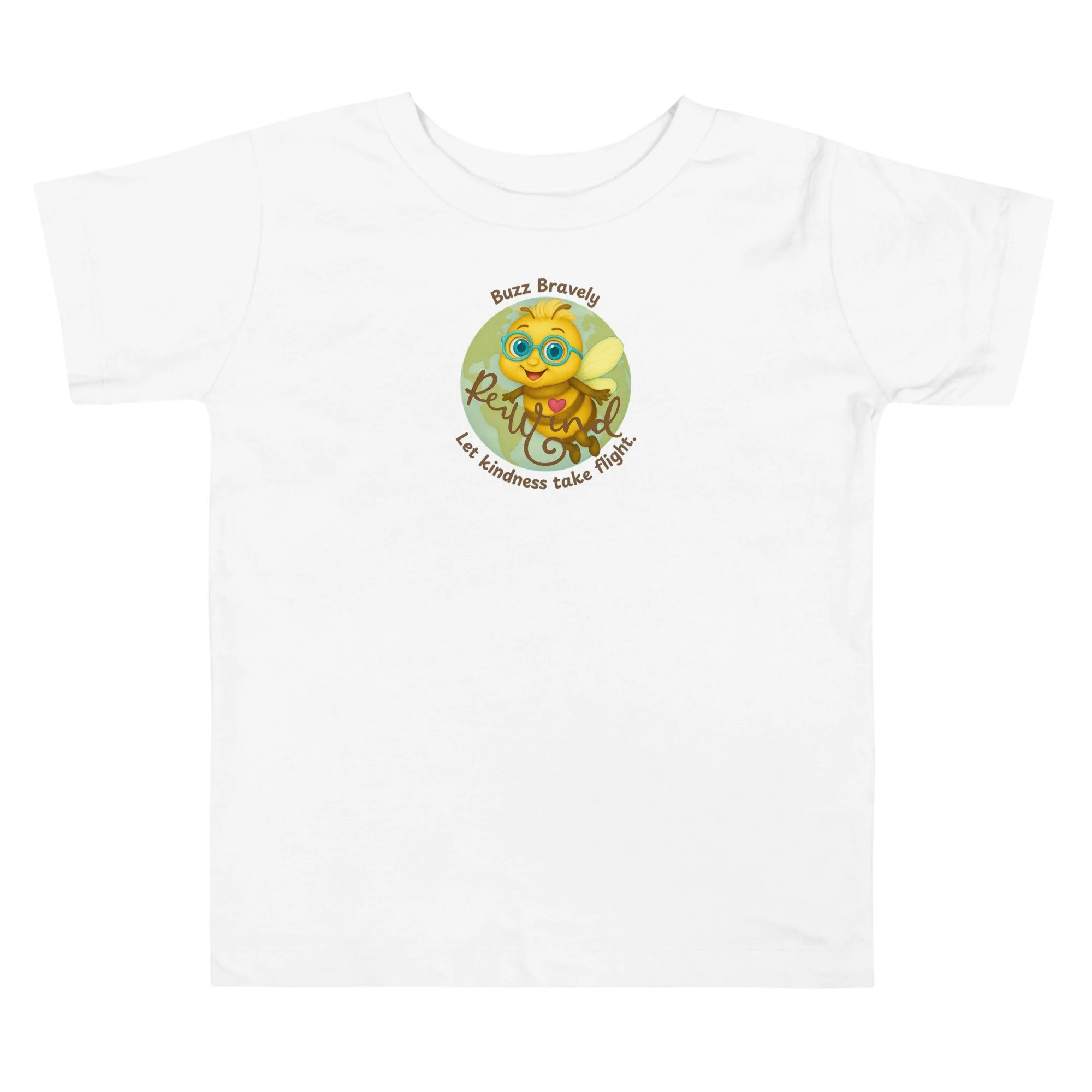 Toddler t-shirt – Beeian Bee graphic, white, front flat lay.