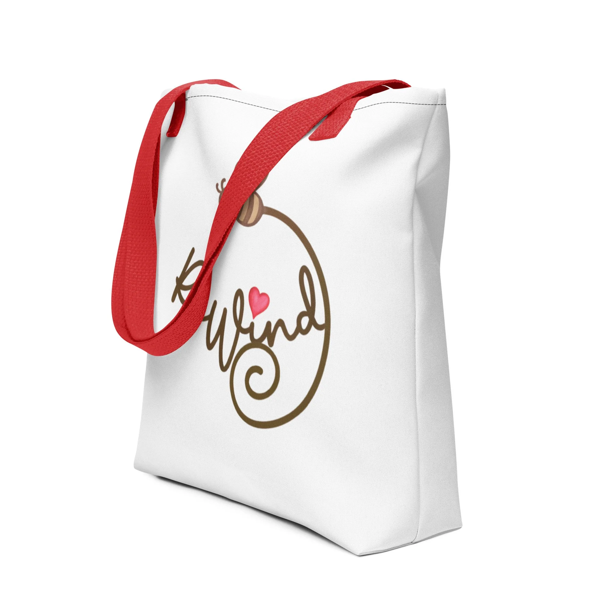 White tote with red handles—ReWind bee-trail logo, three-quarter side view.