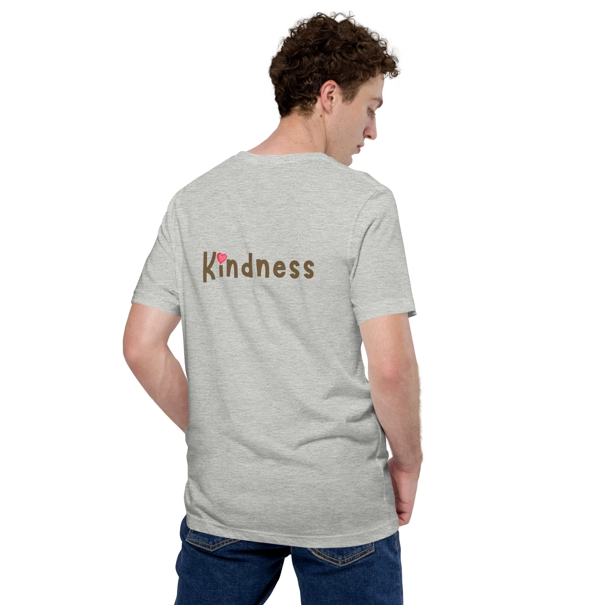 Unisex t-shirt, athletic heather gray, model back view — front with ReWind bee-and-heart logo and back with “Kindness” text (heart over the i).