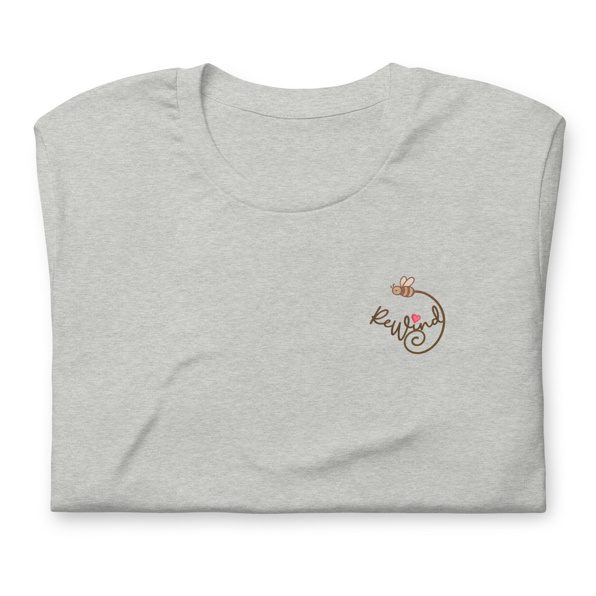 Unisex t-shirt, athletic heather gray, folded view — front with ReWind bee-and-heart logo and back with “Kindness” text (heart over the i).