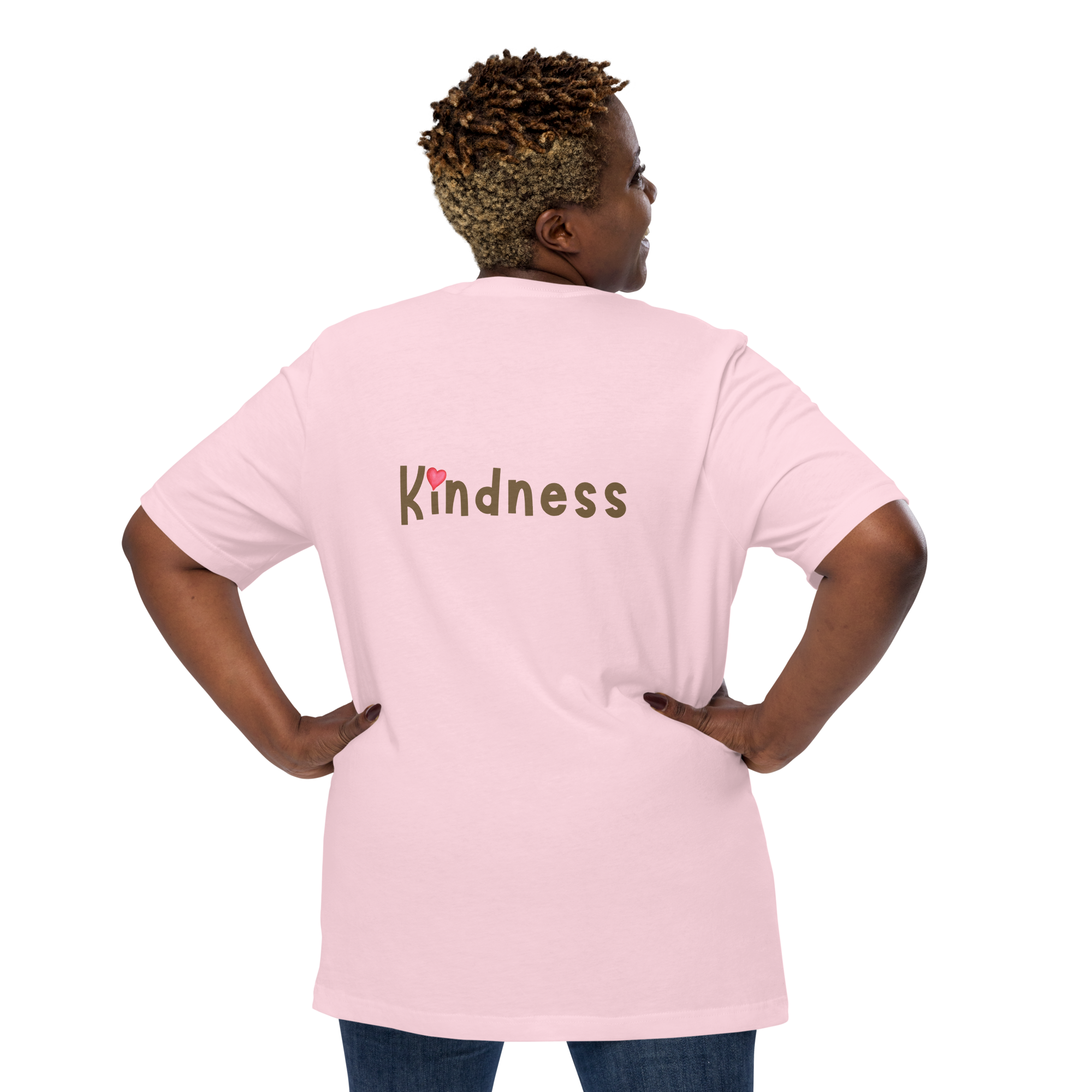 Unisex t-shirt, soft pink, model back view — front with ReWind bee-and-heart logo and back with “Kindness” text (heart over the i).