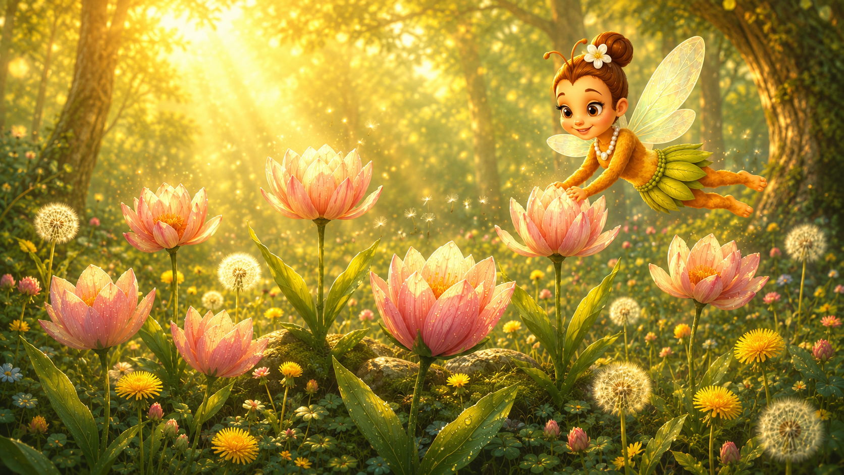 Boosie Bee flying through a glowing Whimsywood meadow filled with pink blossoms, budding dandelions, fluffy dandelion poms, and warm golden morning light.