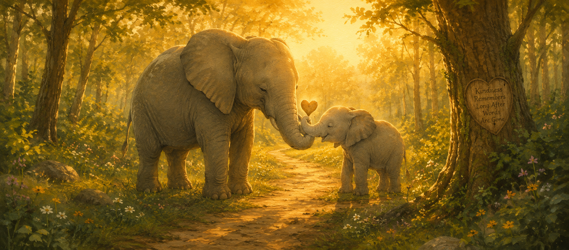 Adult elephant and baby elephant touching trunks in a golden forest, representing gentle strength, emotional connection, family resilience, and compassion, protection, and kindness.