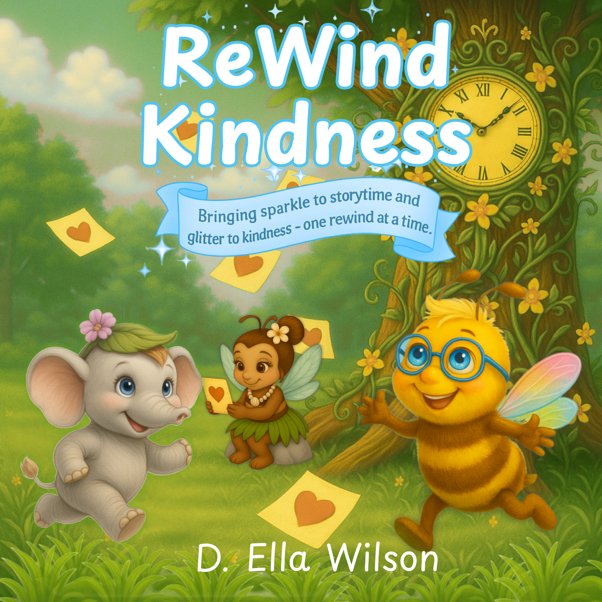 ReWind Kindness storybook cover with Beeian, elephant, and friends.