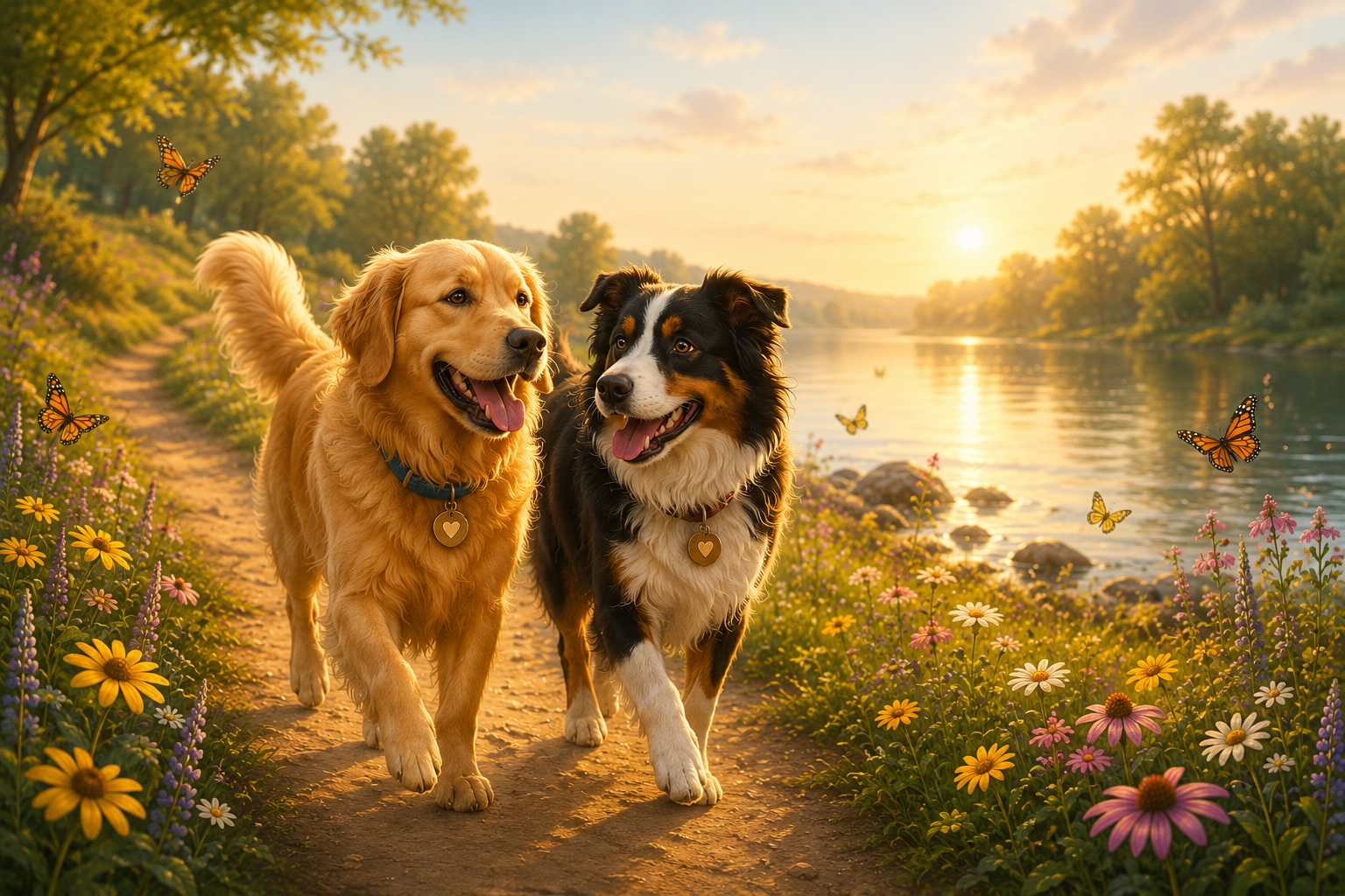 Two joyful companion dogs walk together along a flower-lined path beside a peaceful lake surrounded by butterflies and golden sunlight.  The image represents gentle growth, self-compassion, friendship, emotional well-being, and personal development.