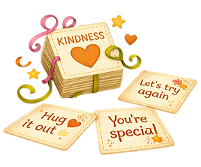 Painterly stack of kindness cards from ReWind Kindness featuring messages like ‘Hug it out,’ ‘You’re special,’ and ‘Let’s try again.
