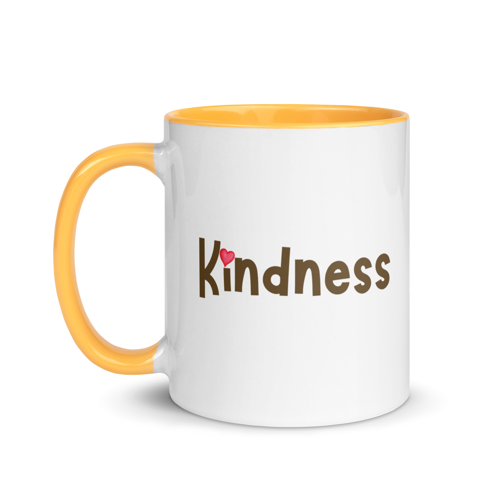White 11-oz mug with yellow handle and rim, “Kindness” lettering with heart dot over the i.