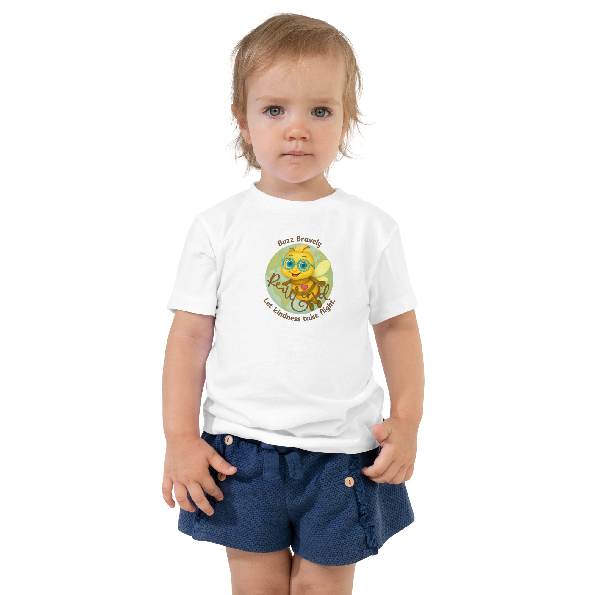 Toddler t-shirt – Beeian Bee ‘Buzz Bravely’ graphic, white, size 4T, front on-model.