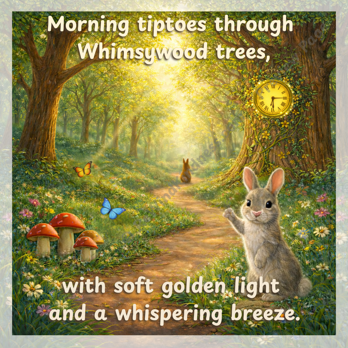 Wake Up, Whimsywood! — Page 1: A peaceful Whimsywood forest path glows with golden morning light as a bunny watches beneath the Regal Redwood Clock Tree.