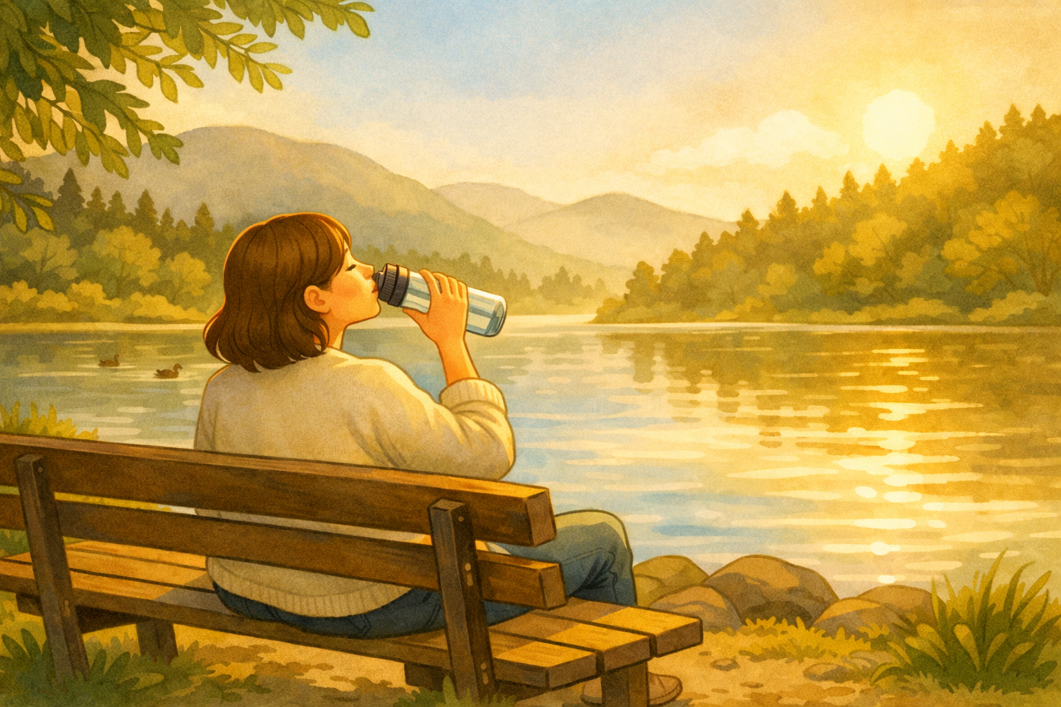 Storybook-style illustration of a woman sitting on a lakeside bench, gently sipping water while soaking in warm sunlight, symbolizing self-care, presence, and emotional steadiness.