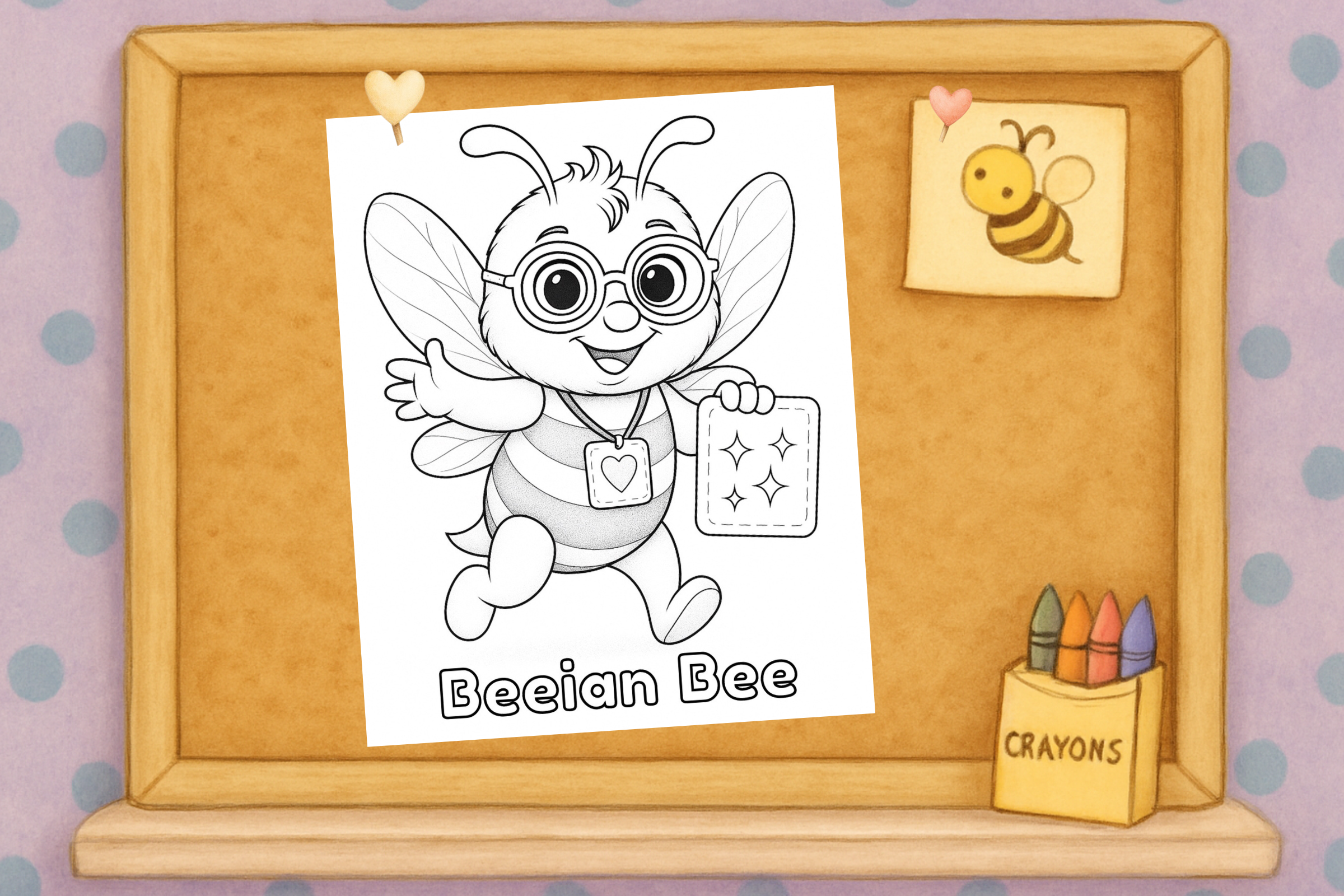 A Beeian Bee coloring page pinned to a lavender corkboard with polka-dot wallpaper, a little bee drawing tacked nearby, and crayons on a wooden shelf.