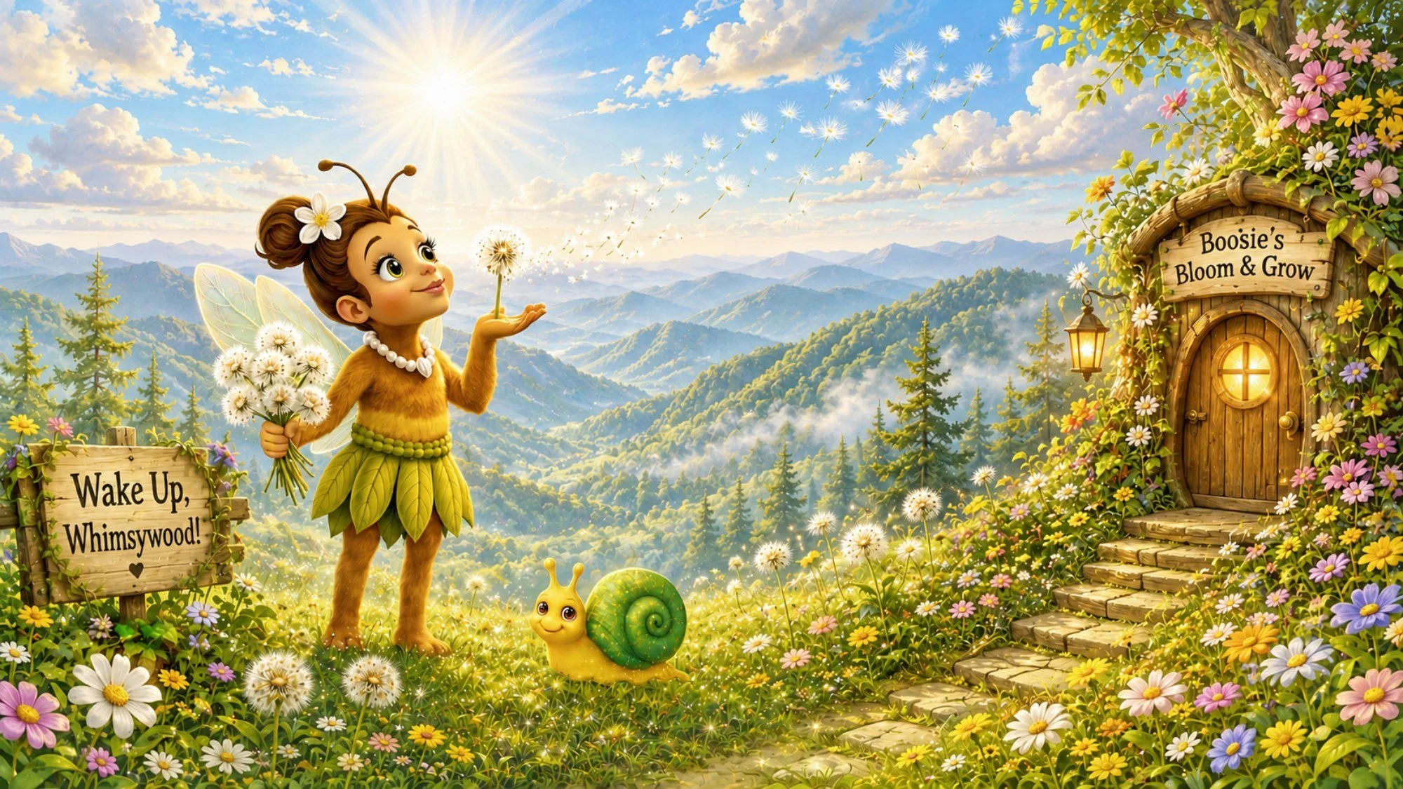 Boosie Bee standing in a glowing mountain meadow at sunrise beside her flower-covered cottage, holding dandelions as seeds drift through the air in the magical world of Wake Up, Whimsywood!