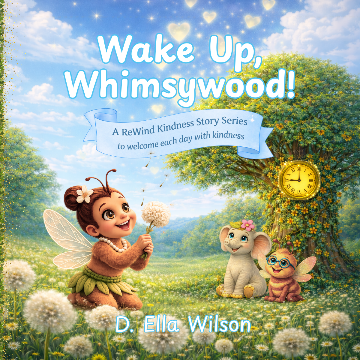 Wake Up, Whimsywood! storybook cover featuring Boosie Bee, Ella Elephant, and Beeian Bee beneath the glowing Regal Redwood Clock Tree in a painterly Whimsywood meadow.