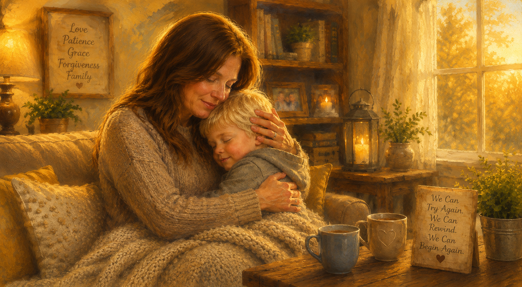 Mother embracing her young blonde son in a warm sunlit home, representing family kindness, emotional resilience, forgiveness, comfort, and connection.