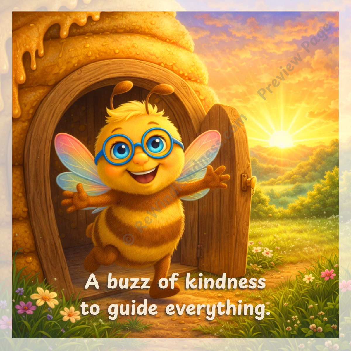 Wake Up, Whimsywood! — Page 7: Beeian Bee opens the door of his cozy honey home as warm sunrise light fills Whimsywood with kindness and hope.