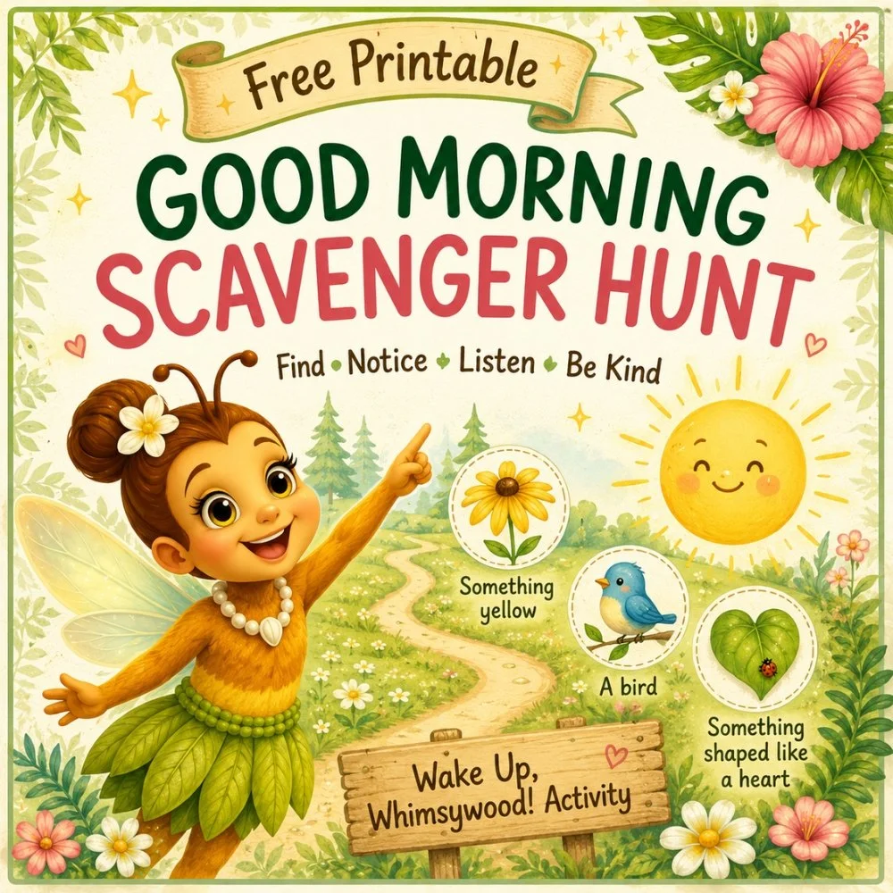 Boosie’s Good Morning Scavenger Hunt free printable for kids featuring Boosie Bee exploring nature in Whimsywood.