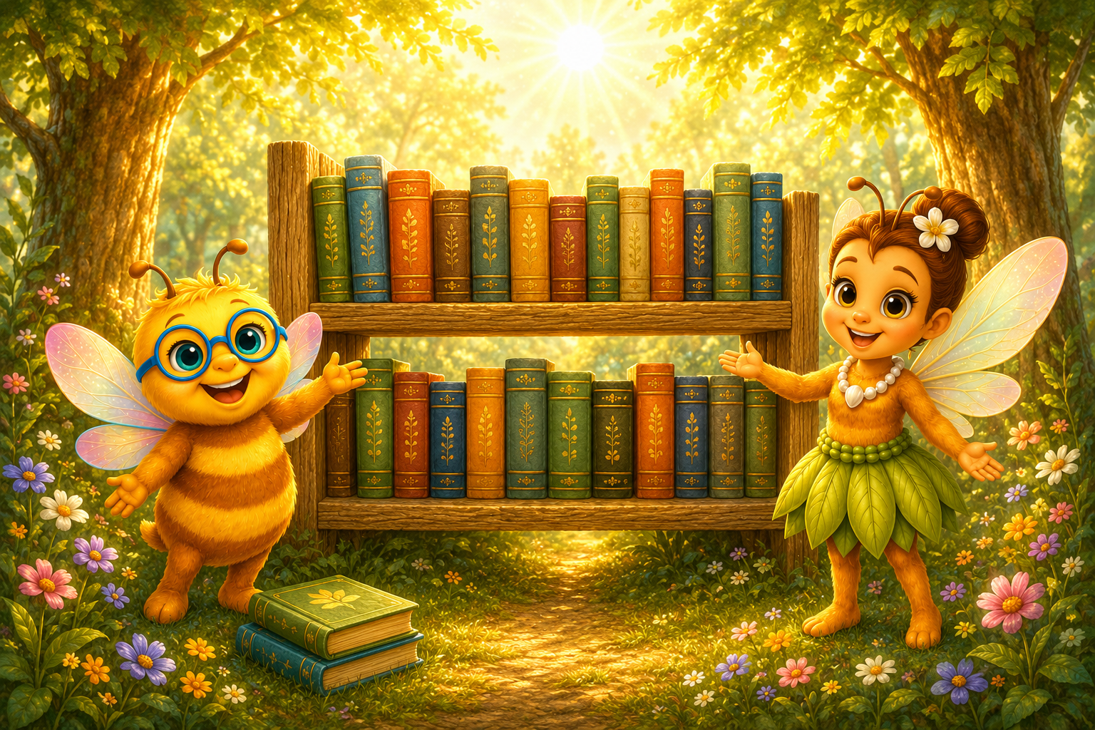 Beeian Bee and Boosie Bee standing beside a magical woodland bookshelf in Whimsywood Forest, surrounded by glowing morning sunlight, colorful flowers, and storybooks.