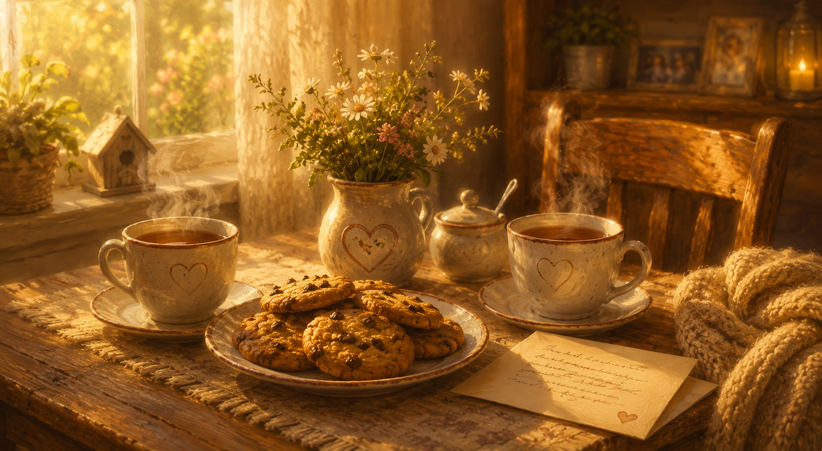 Painterly illustration of a cozy table with steaming tea, homemade cookies, and a handwritten note in warm morning light, symbolizing kindness, generosity, hospitality, caring gestures, and compassion that may not always be understood.