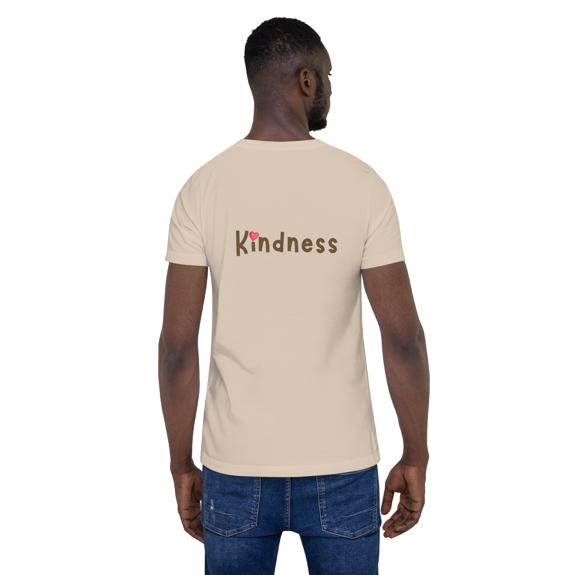 Unisex t-shirt, soft cream, model back view — front with ReWind bee-and-heart logo and back with “Kindness” text (heart over the i).