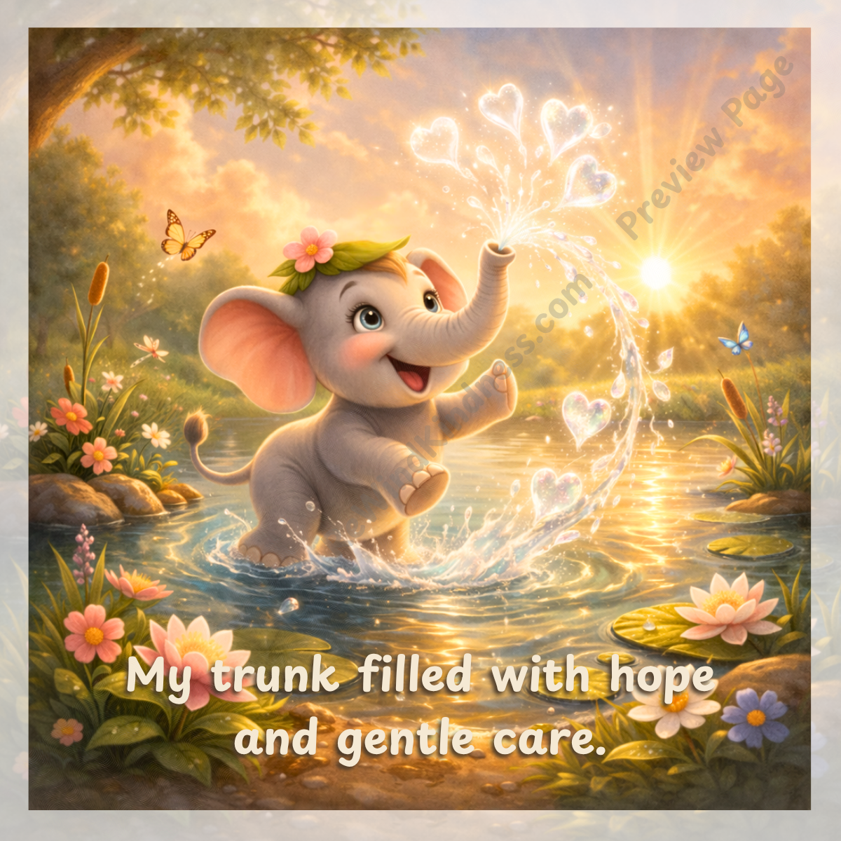 Wake Up, Whimsywood! — Page 5: Ella Elephant splashes joyfully in a glowing forest stream as golden morning light sparkles across the water and flowers bloom nearby.